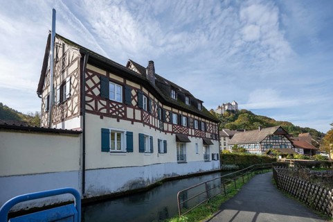 Historic half-timbered houses, above Egloffstein Castle, Upper Franconia, Bavaria, Germany, Europe