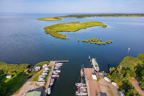 Aerial view, drone photo: harbour in the village of Altwarp, behind the island of Lysa Wyspa in