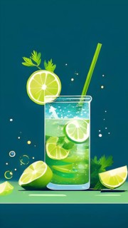 Abstract wallpaper composition with bottle of delicious green detox juice and fruits and