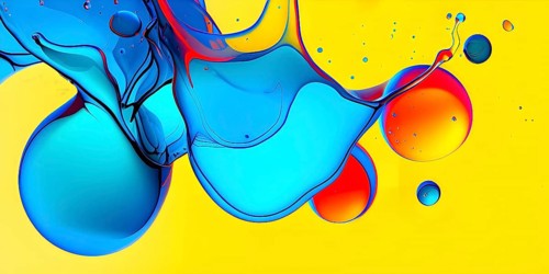 Abstract image with vibrant blue and red blobs and liquid shapes on a yellow background, AI