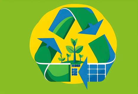 Recycling symbol morphing into growing plants and solar cells to symbolize the transformation of