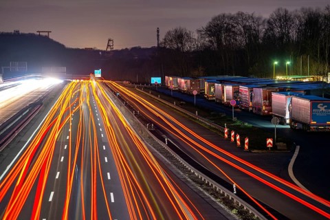 Evening traffic on the A2 motorway at the Recklinghausen junction heading west, in the background
