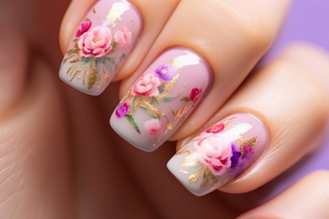 Close up of woman's nails with flower nail art design. KI generiert, generiert, AI generated