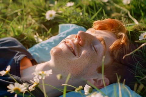 Teenager, young fair-skinned man with red hair and freckles lying on a spring meadow and basking in
