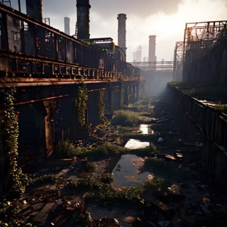 Abandoned factory vines embracing rusted skeletons of machinery whisper of bygone industrial era,