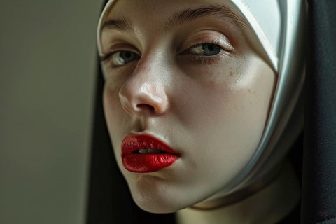 Face of young woman with red lipstick and christian nun habit with veil. Generative Ai, AI