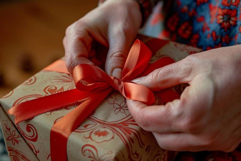 Close up of hands tying ribbon around christmas gift. Generative AI, AI generated