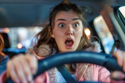 A young woman sits in a car and looks surprised, startled, symbolic image, distraction in road