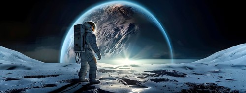 An astronaut stands on a lunar-like surface gazing at an immense planet rising, AI generated