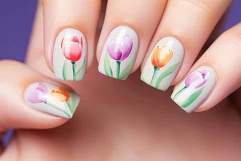 Nail art deisgn with colorful tulip spring flowers. KI generiert, generiert AI generated