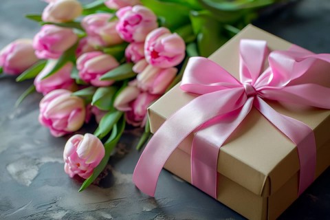 Gift Box with Pink Ribbon Beside bouquet of Fresh Tulips. Background for Valentine day, March 8,