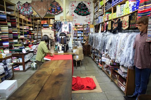 Traditional fabric textiles shop in Trujillo, Caceres province, Extremadura, Spain, Europe