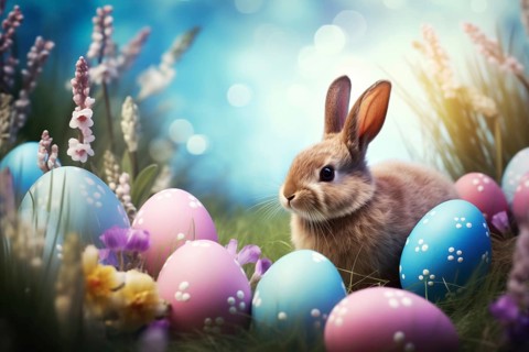 Cute Easter bunny sits beside colorful, decorated eggs amidst a vibrant green field under the