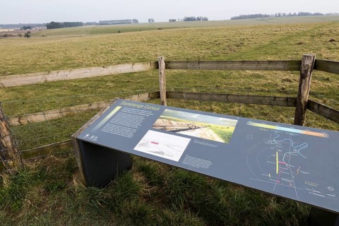 Information panel about the 5, 500 years old Stonehenge Cursus, Wiltshire, England, UK cursus in