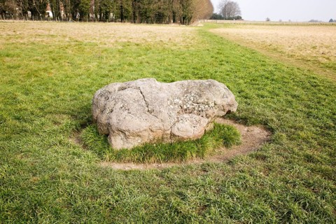 Prehistoric former standing sarsen stone, the Cuckoo Stone, Durrington, Wiltshire, England, UK
