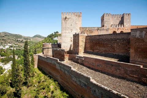 Fortified walls of the Alcazaba castle in the Alhambra complex, Granada, Spain, Europe