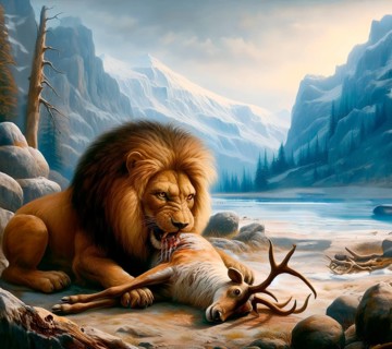 Prehistory, prehistory, an extinct cave lion with its prey, a hunted reindeer, AI generated, AI
