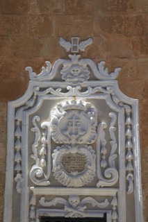Historic plasterwork detail of religious monument Franciscan Church of St Mary of Jesus, Valletta,