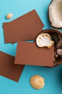 Brown paper business card with coconut and seashells on blue pastel background. Top view, flat lay,
