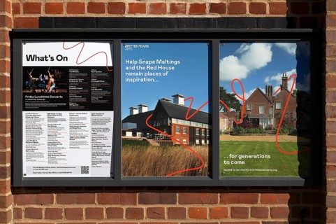 Information board about musical events at Snape Maltings, Suffolk, England, UK