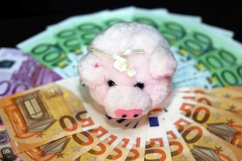 Euro banknotes with a pig as a symbol of good luck