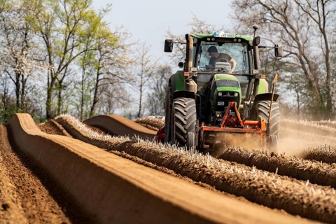 A farmer builds asparagus ridges on a field with the help of an asparagus tiller, in which the