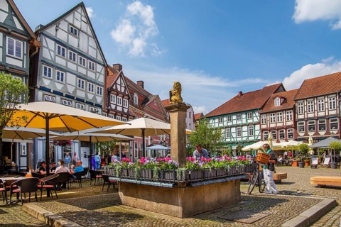 Fountain on the Großer Plan in the old town centre with typical half-timbered houses, Celle,
