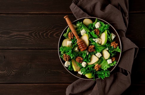Keto Salad, pear with blue cheese and walnut, selective focus, no people, close-up