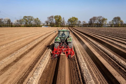 A farmer builds asparagus ridges on a field with the help of an asparagus tiller, in which the