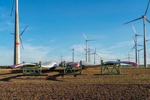 Wind farm near Bad Wünnenberg, construction site, storage area for a new wind turbine, components