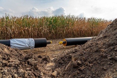 Laying of district heating pipes, next to a field, with maize, the district heating comes from a