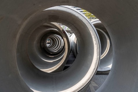 Concrete sewer pipes, stored on a construction site during sewer renovation work, on the Dickswall,