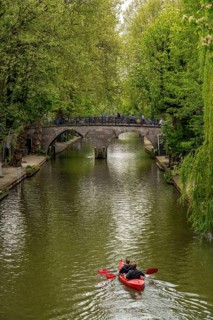 Utrecht, Netherlands, historic city centre, Oudegracht, canal, bridge, pedal boats