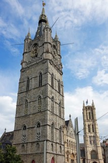 Belfry, and tower of St Bavo's Cathedral, also Sint-Baafskathedraal (behind), UNESCO World Heritage