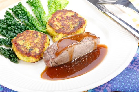 Swabian cuisine, medallions of wild boar with savoy cabbage cakes, meat dish, roasted, hearty, home