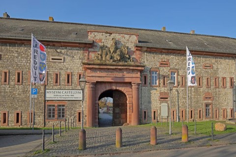 Reduit, Roman Museum Castellum, portal of the fort with flags and inscription, fortification,