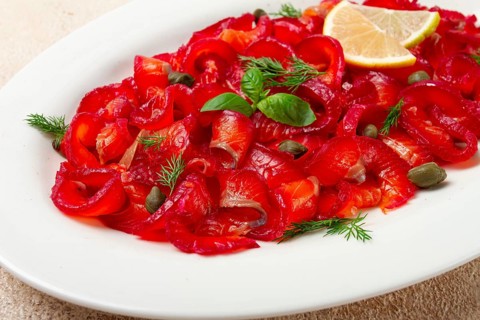 Salmon gravlax with beetroot, Scandinavian snack, beet gravlax, lightly salted fish, homemade, no