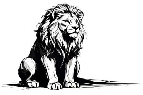 Black and white line art lion, AI generated