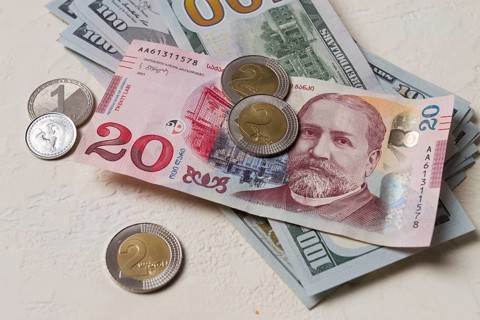 Lari, 20 GEL, Georgian monetary currency, with dollars, banknotes, top view, no people, on the
