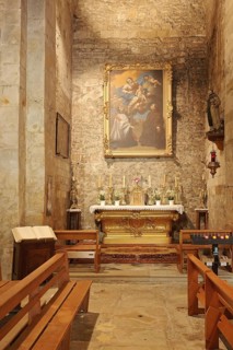 Chancel with altar and painting of the Romanesque church, interior view, Notre-Dame-de-Nazareth,