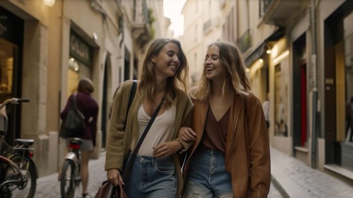 Two lesbian girlfriends walking along the streets of europe, generatvie AI, AI generated
