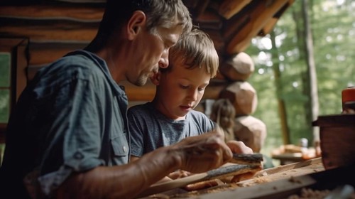 Young father and son work on a wood canoe project together at their cabin, generatvie AI, AI