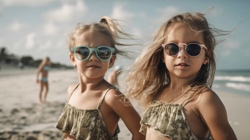 Two young girlfriends posing wearing sunglasses having fun on the beach, generatvie AI, AI