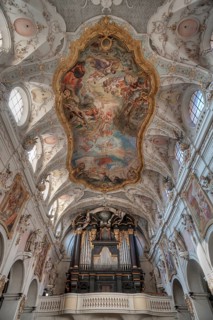Rockoko interior with organ loft and ceiling vault of the Basilica of St Emmeran, Regensburg, Upper