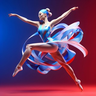 Abstract digital render of an olympic rythm sports gymnast morphing into fluid shapes of french