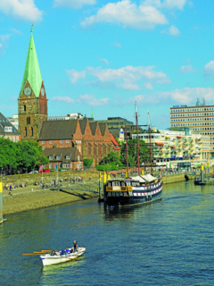 Weser, at the Schlachte, riverside promenade, old town, rowing boat, Bremen, Germany, Europe
