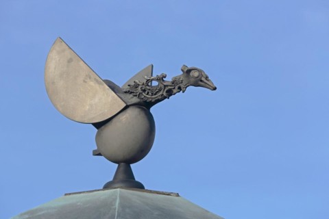 Sculpture Flying Duck by Jürgen Goertz 1995, bird figure, duck figure, bizarre, whimsical, black,