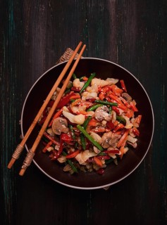 Wok, Asian-style vegetables, street food, mixed vegetables, no people, top view