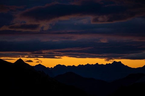Montafon mountains with dramatic cloudy sky at sunrise, Tschagguns, Rätikon, Montafon, Vorarlberg,