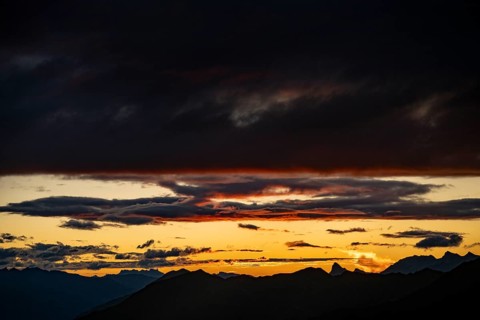 Montafon mountains with dramatic cloudy sky at sunset, Tschagguns, Rätikon, Montafon, Vorarlberg,